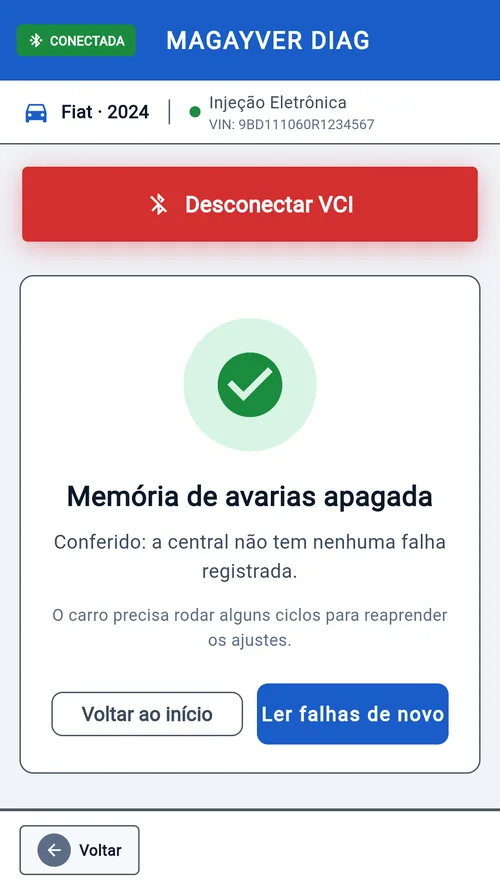 Memória de avarias apagada e conferida: a central não tem nenhuma falha registrada