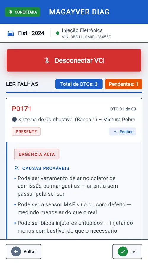 Falha P0171 aberta, com a urgência e as causas prováveis