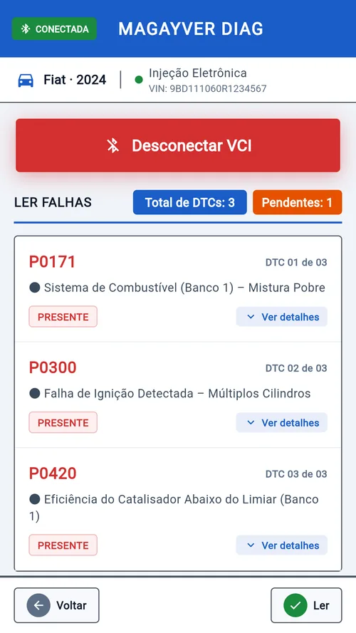 Tela do app com três falhas lidas, cada uma com o nome em português
